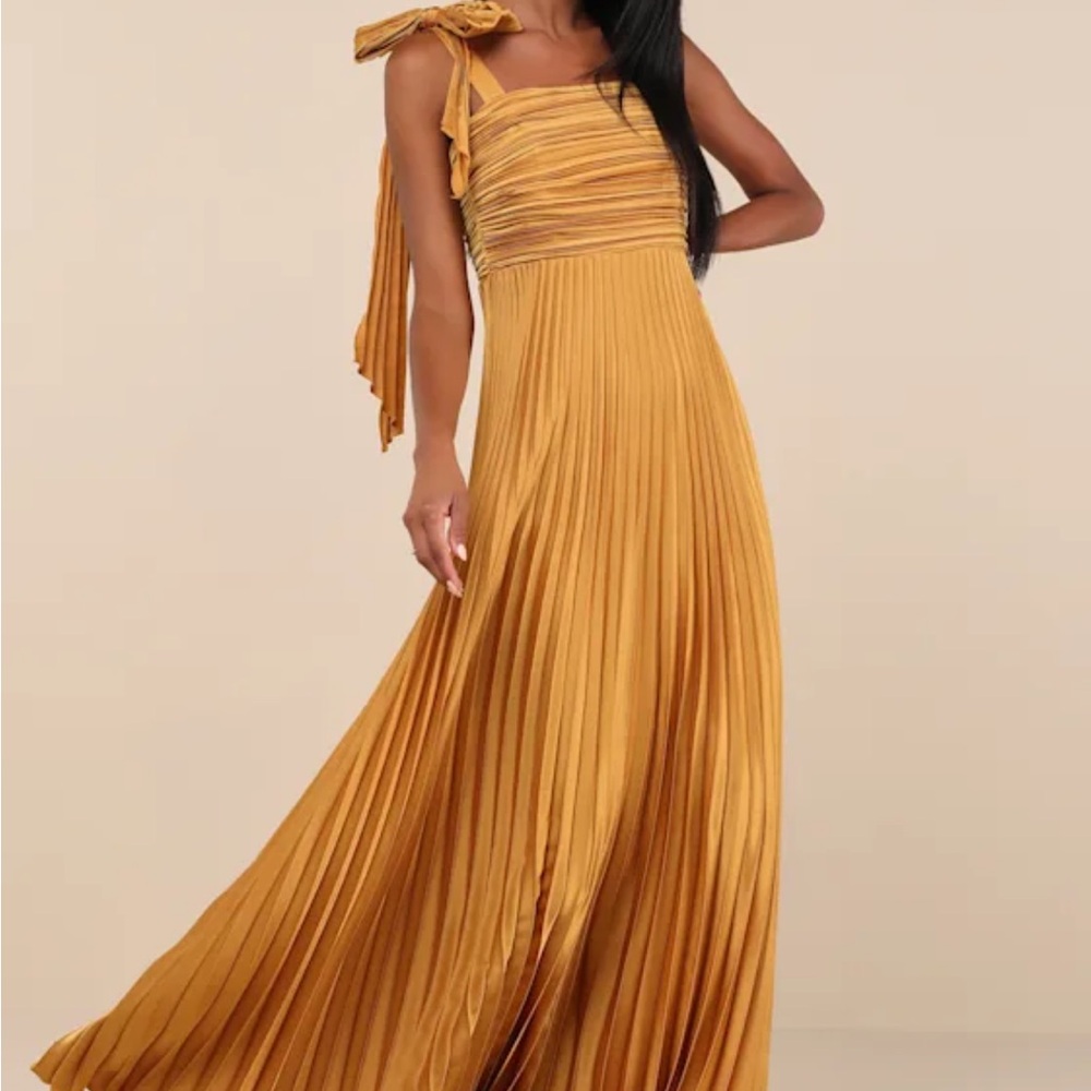 Gold Satin Pleated Sleeveless Bow Maxi Dress